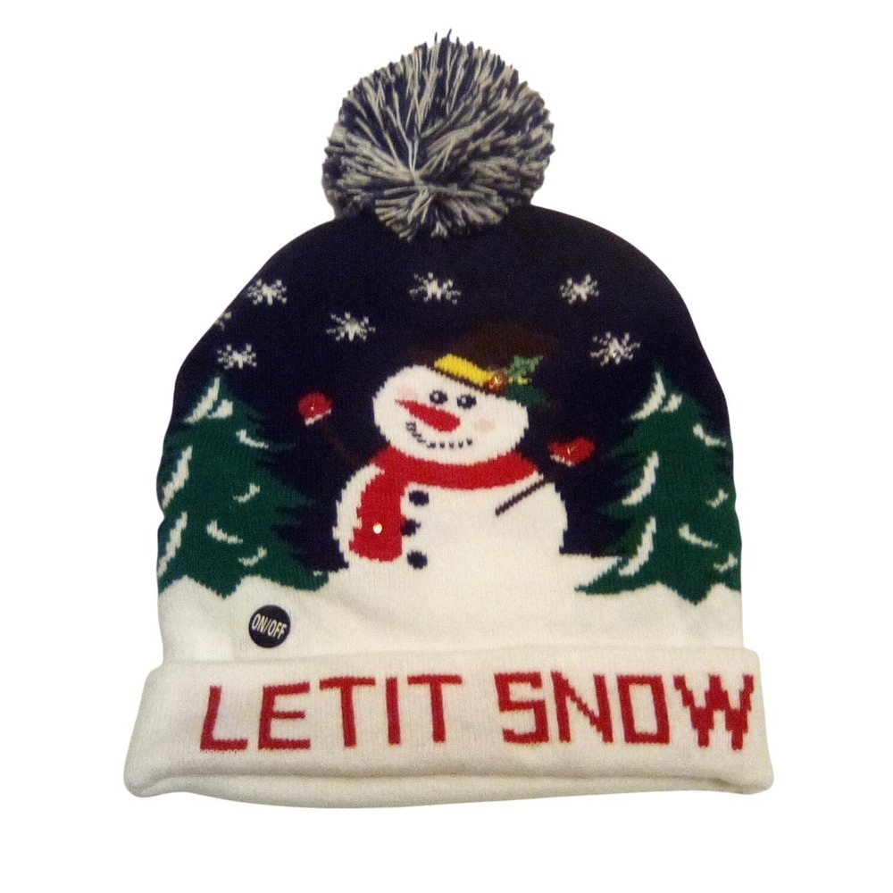 LED Light Up Snowman Christmas Beanie Hat Festive Winter Pom Pom UNISEX